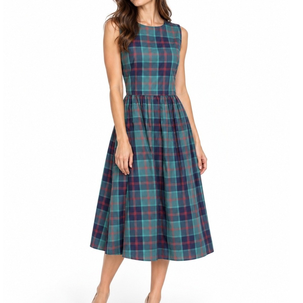 Women's Plaid Midi Dress Green Blue Size M Sleeveless Fit & Flare Tartan Preppy